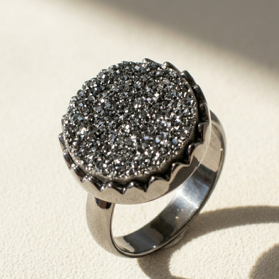 Large round druzy ring with dark gray glittering stone and silver-tone metal band