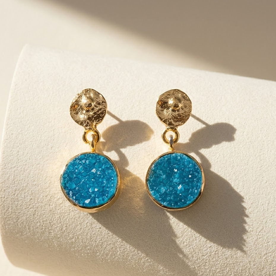 Gold-tone hammered round druzy top with aqua druzy circle drop post earrings