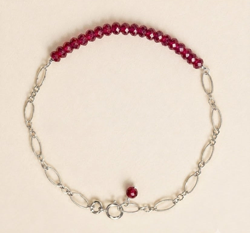 Ruby red beaded stone bracelet with sterling silver chain and small lobster clasp