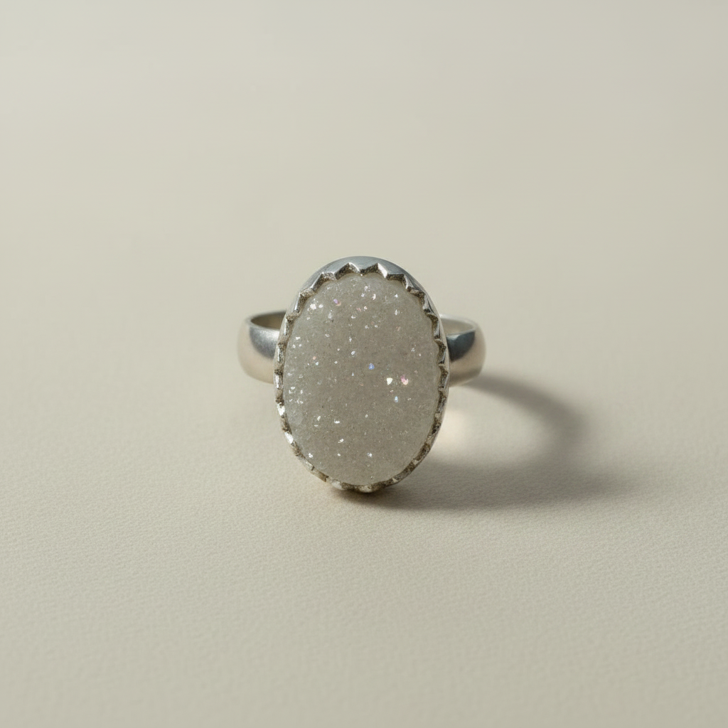 Large oval druzy ring with silver-gray glitter stone and slim silver band