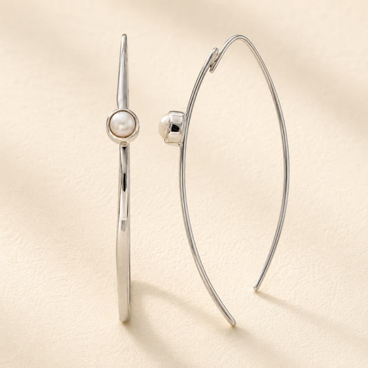 Silver-tone pearl marquis drop earrings with oval hoop and lever-back clasp