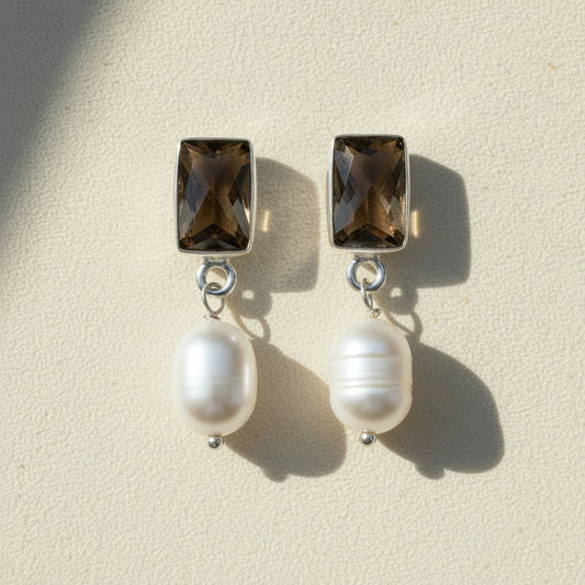 Smoky quartz and pearl drop stud earrings with smoky brown square stones and white pearls