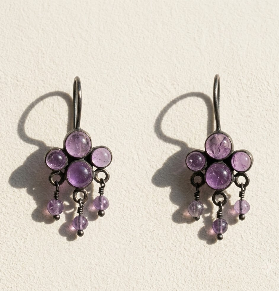 Amethyst cluster dangle earrings with purple round stones and silver-tone hooks