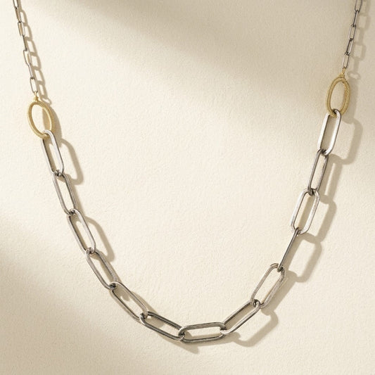 Two-tone paperclip chain necklace with mixed silver and gold links
