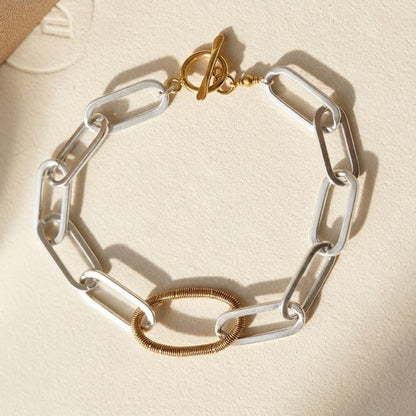 Two-tone paperclip link bracelet with gold clasp and silver oval spring detail
