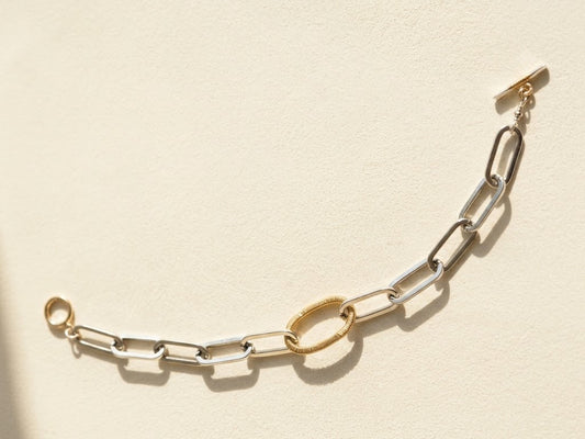 Two-tone paperclip link bracelet with gold end ring and silver chain links