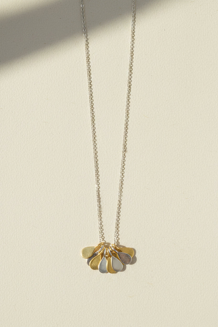 Gold-and-silver teardrop flower pendant necklace with thin chain