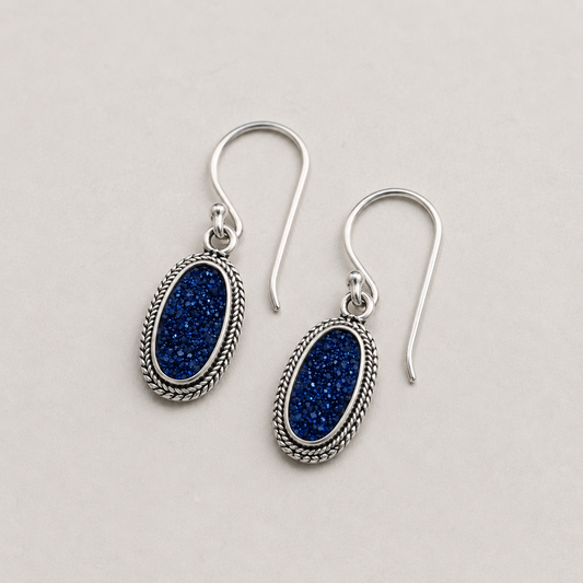Oval blue druzy earrings with rope-textured silver frame and French hooks