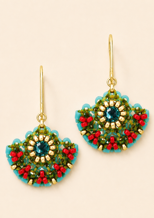 Turquoise and red beaded drop earrings with gold-tone hooks and fan-like bead design