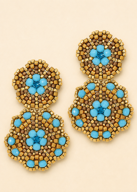 Gold-tone beaded earrings with turquoise double clover flower design