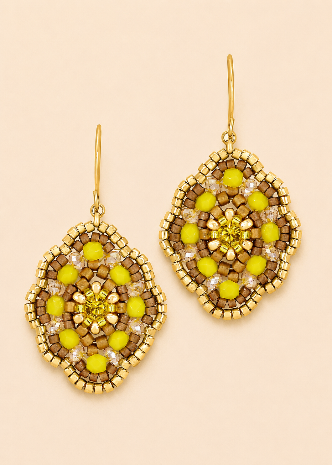 Gold beaded diamond drop earrings with bright yellow and green bead accents