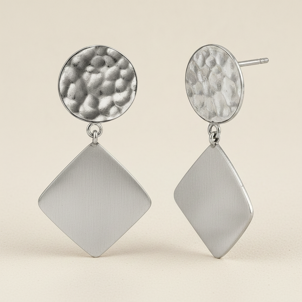 Silver textured drop earrings with round top and diamond dangle, hanging from hooks