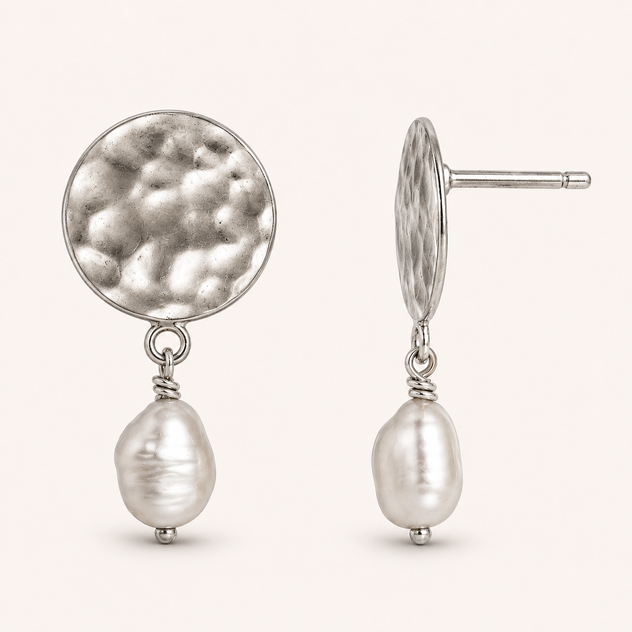 Silver-tone textured disc top with hanging white pearl drop earrings