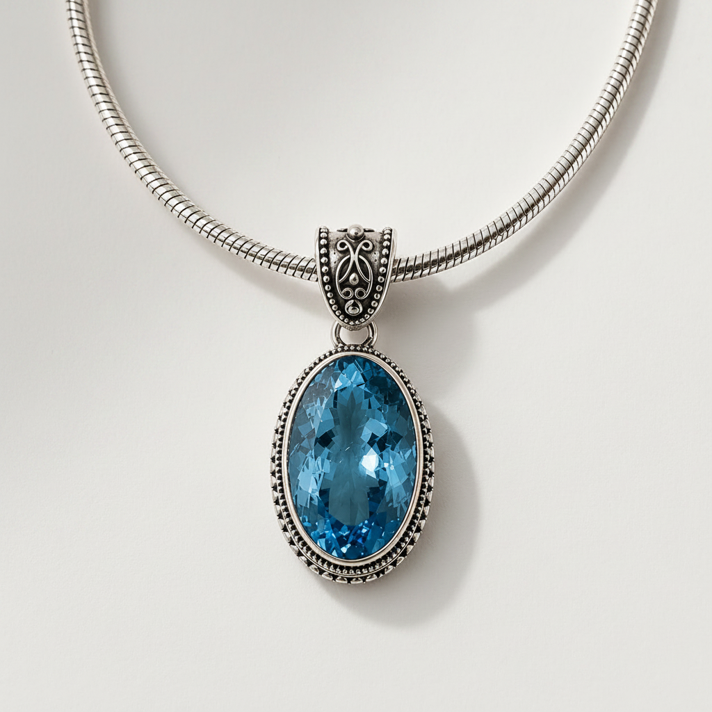 Silver snake-chain necklace with oval blue faceted filigree pendant