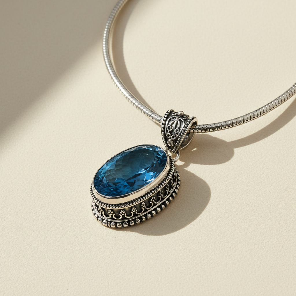 Silver snake-chain necklace with oval blue gemstone and ornate bezel bale