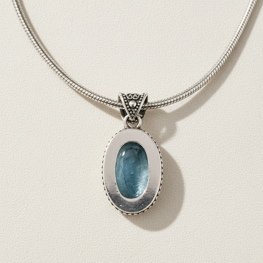 Silver snake-chain necklace with oval light-blue cabochon pendant in frame