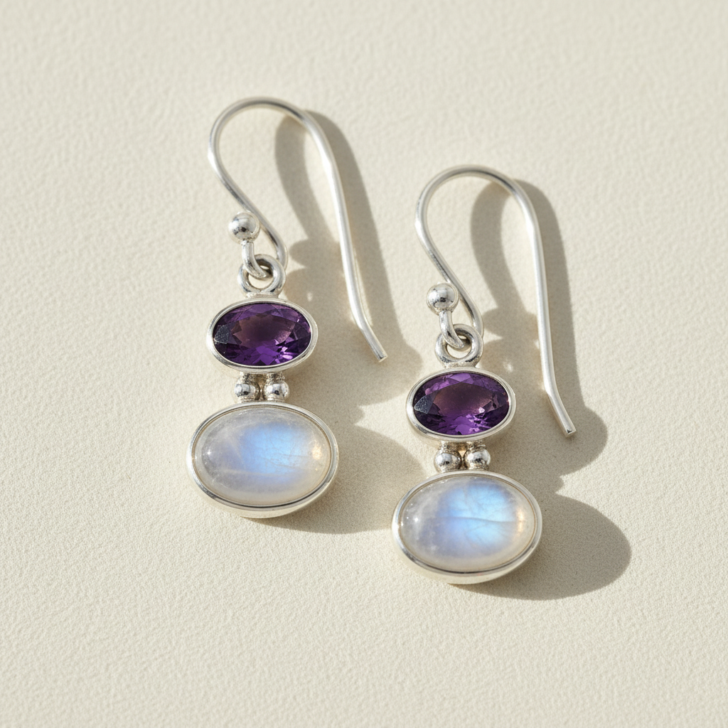 Double oval gemstone dangle earrings with purple top and iridescent white drops, silver-tone