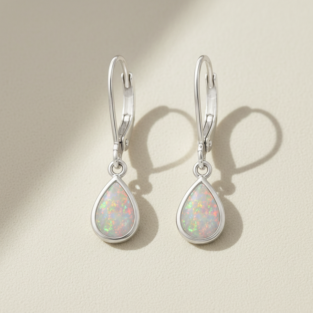 Silver opal teardrop dangle earrings with iridescent opal-like center