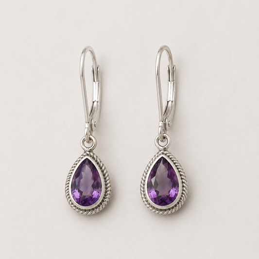 Silver teardrop amethyst earrings with rope-texture bezel and lever hooks