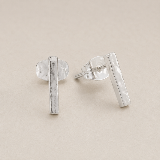 Hammered bar stud earrings, silver tone, with butterfly back closures