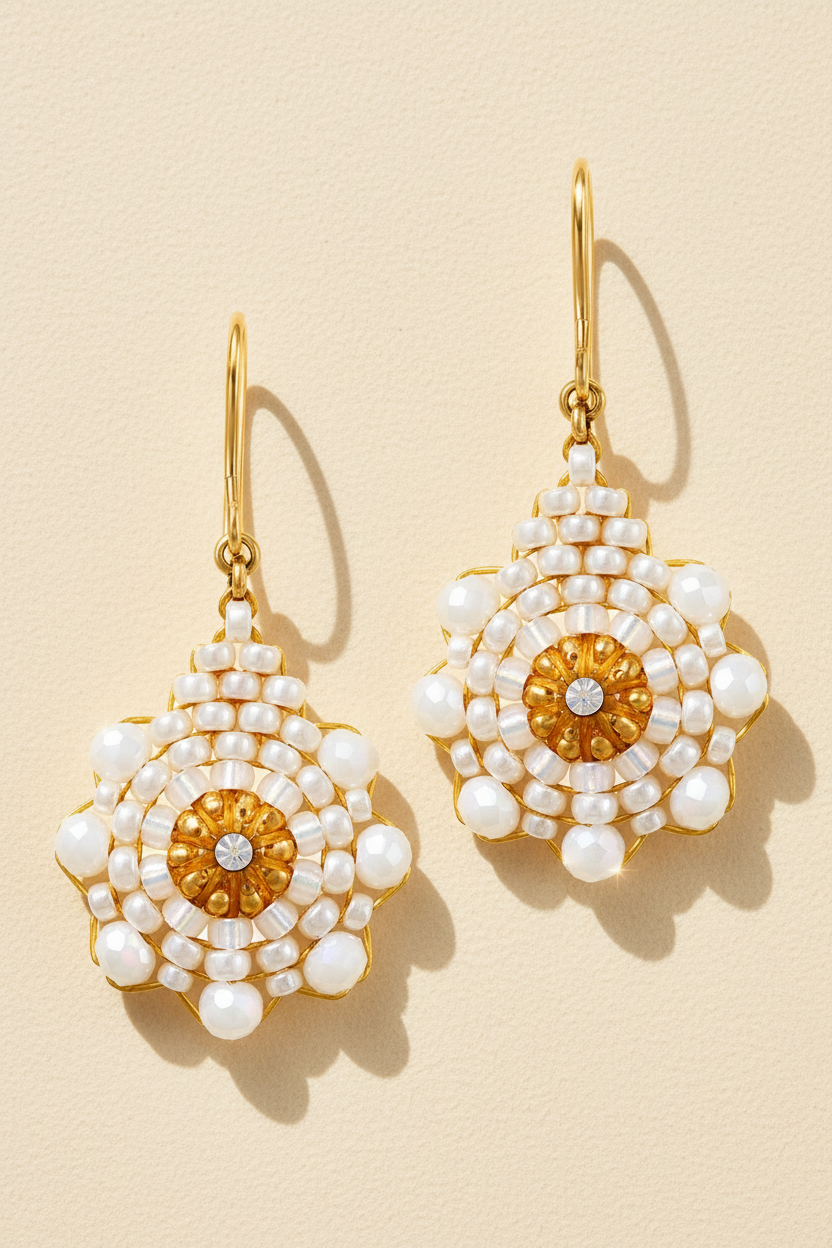 Gold hoop earrings with white pearl beaded teardrop dangle and gold center