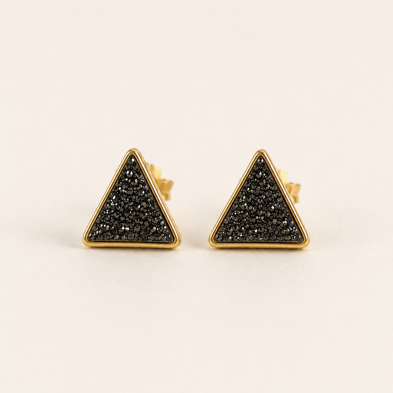 Triangle druzy stud earrings, black crystal triangle with gold-tone border