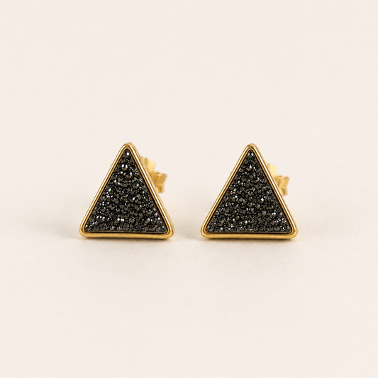 Triangle druzy stud earrings, black crystal triangle with gold-tone border