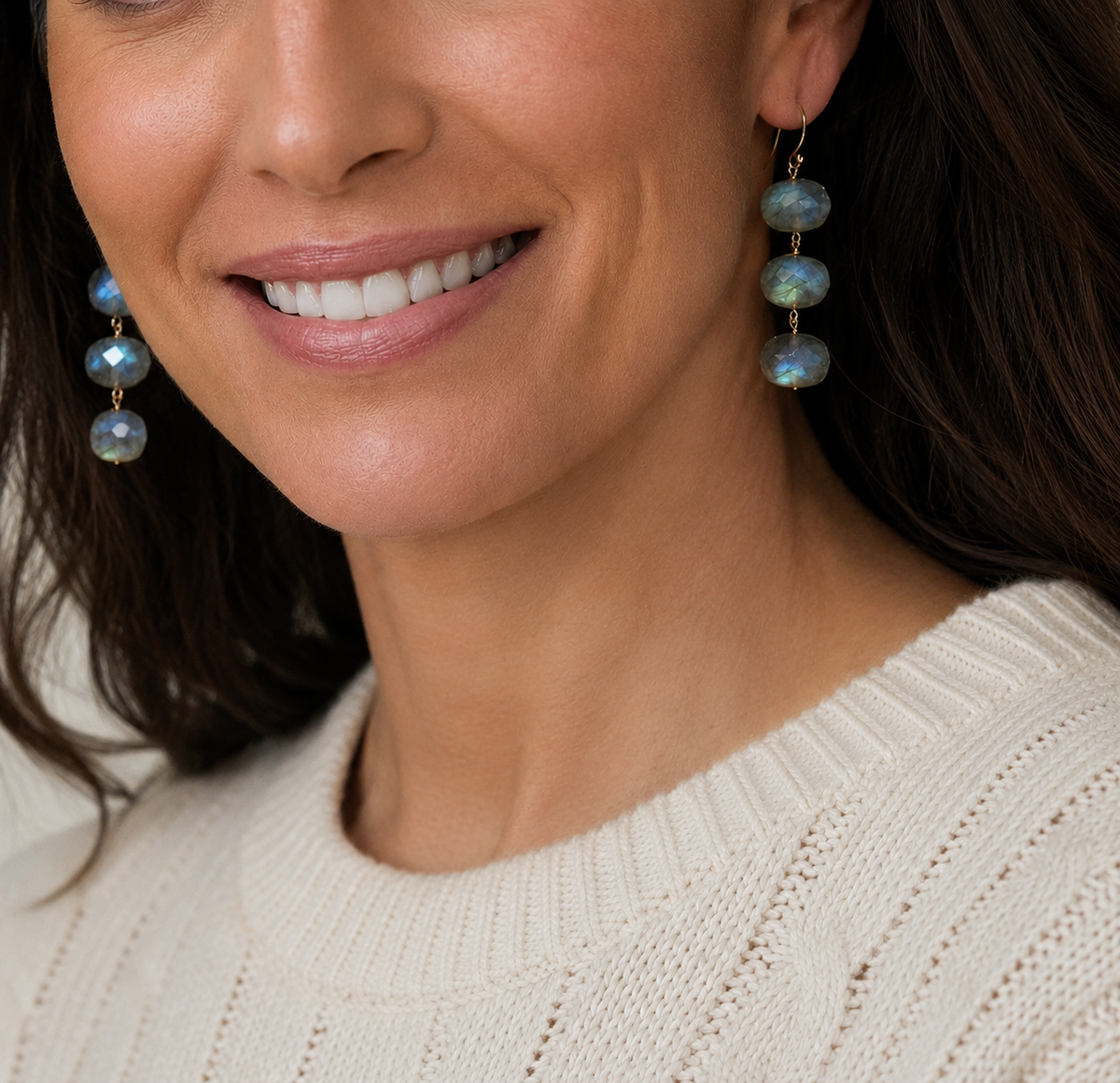 Labradorite drop earrings with three faceted discs on gold-tone hooks, blue flash