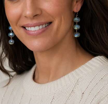 Labradorite drop earrings with three faceted discs on gold-tone hooks, blue flash
