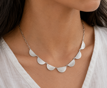 Silver half-moon disc chain necklace with small link connectors