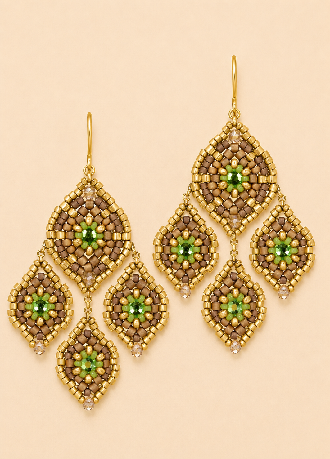 Beaded chandelier earrings with gold-toned hooks and bright green bead accents