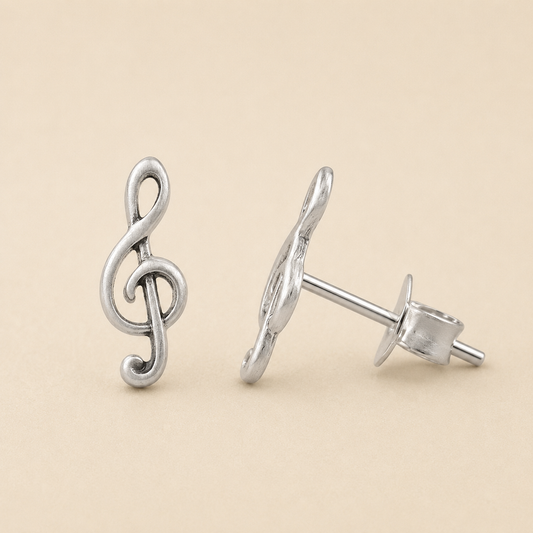 Silver treble clef knot stud earrings with metal post backing