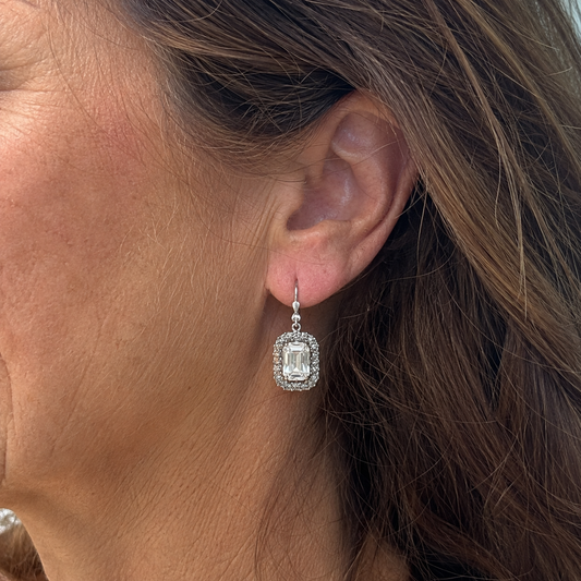 Goddess earring with rectangular clear stone and pavé halo