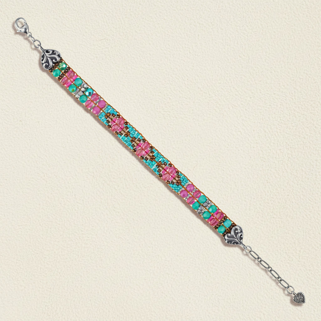 Multicolor gemstone beaded bracelet with silver-tone chain links and lobster clasp
