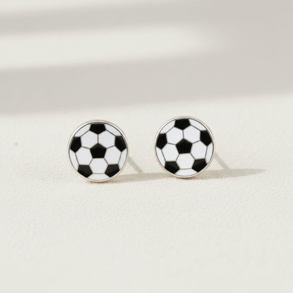 Soccer-ball stud earrings with black-and-white round enamel design