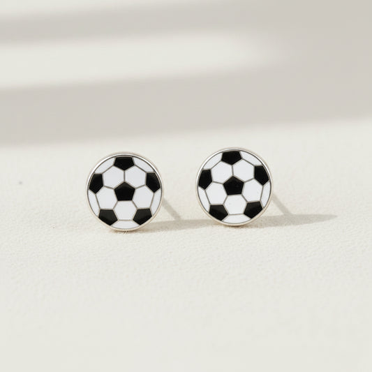 Soccer-ball stud earrings with black-and-white round enamel design