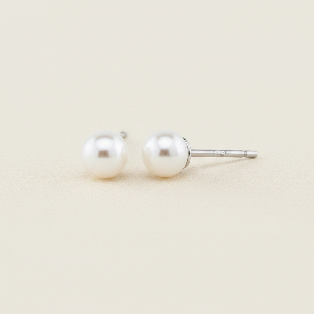 Large white pearl stud earrings with glossy round pearls on metal posts