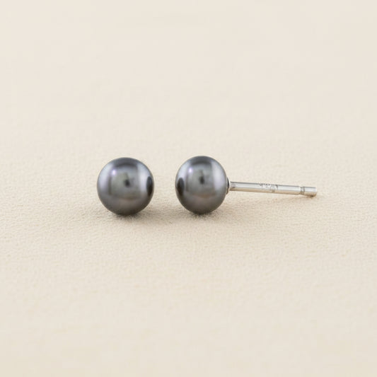 Large gray pearl stud earrings with round pearls and post backs