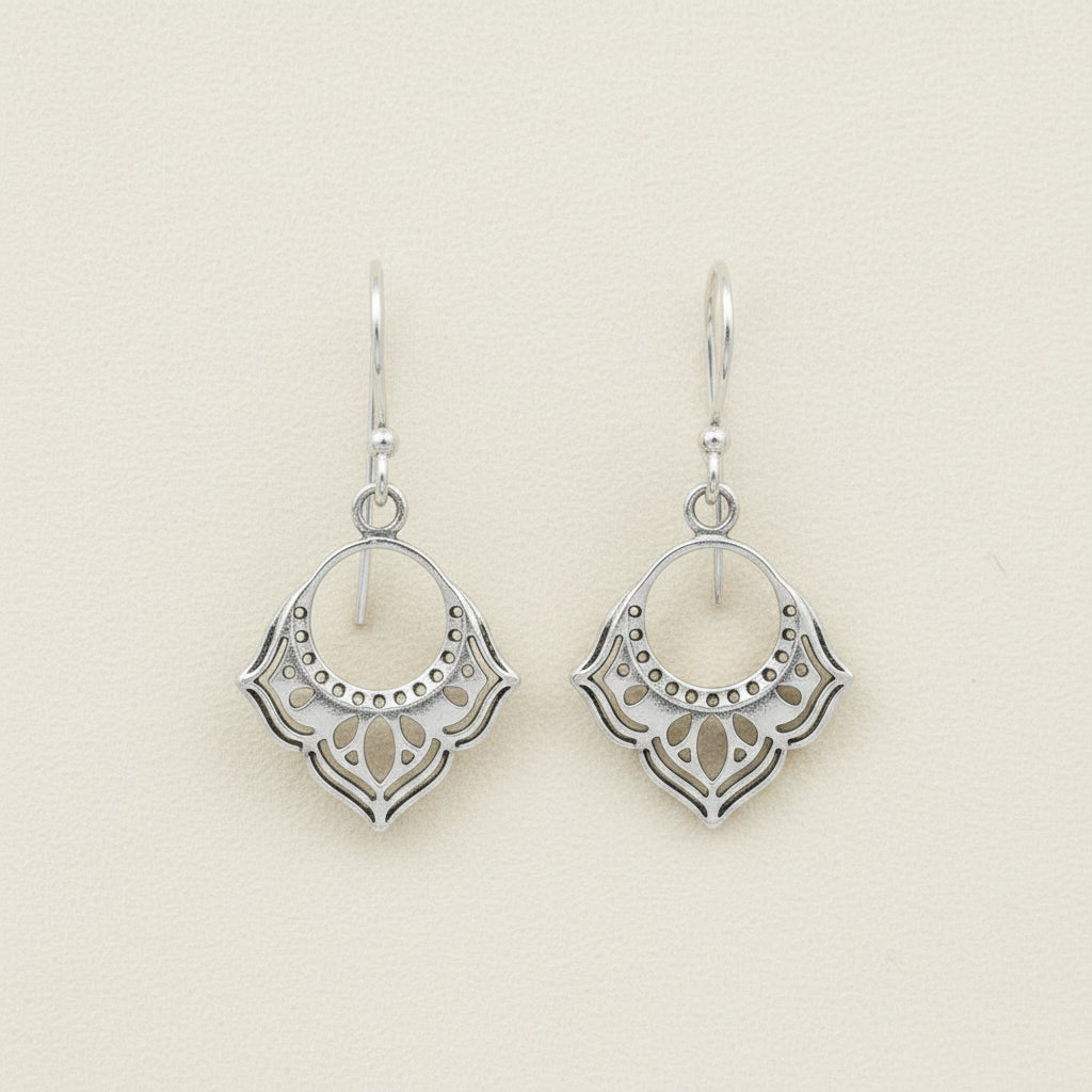 Bohemian dangle earrings in silver tone with fan and round etched drop design