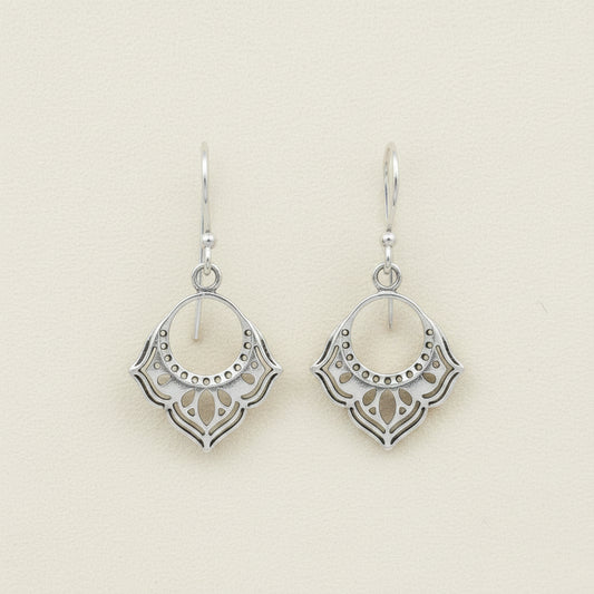 Bohemian dangle earrings in silver tone with fan and round etched drop design