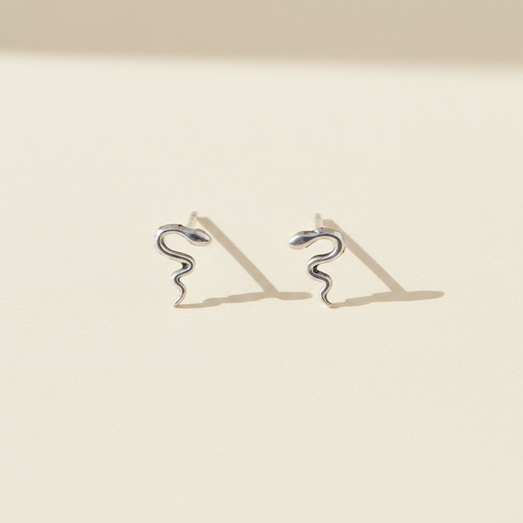 Pair of silver snake-shaped earrings on a beige background