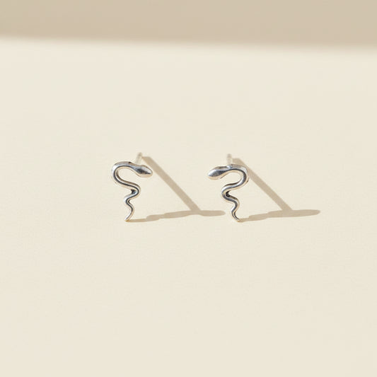 Pair of silver snake-shaped earrings on a beige background