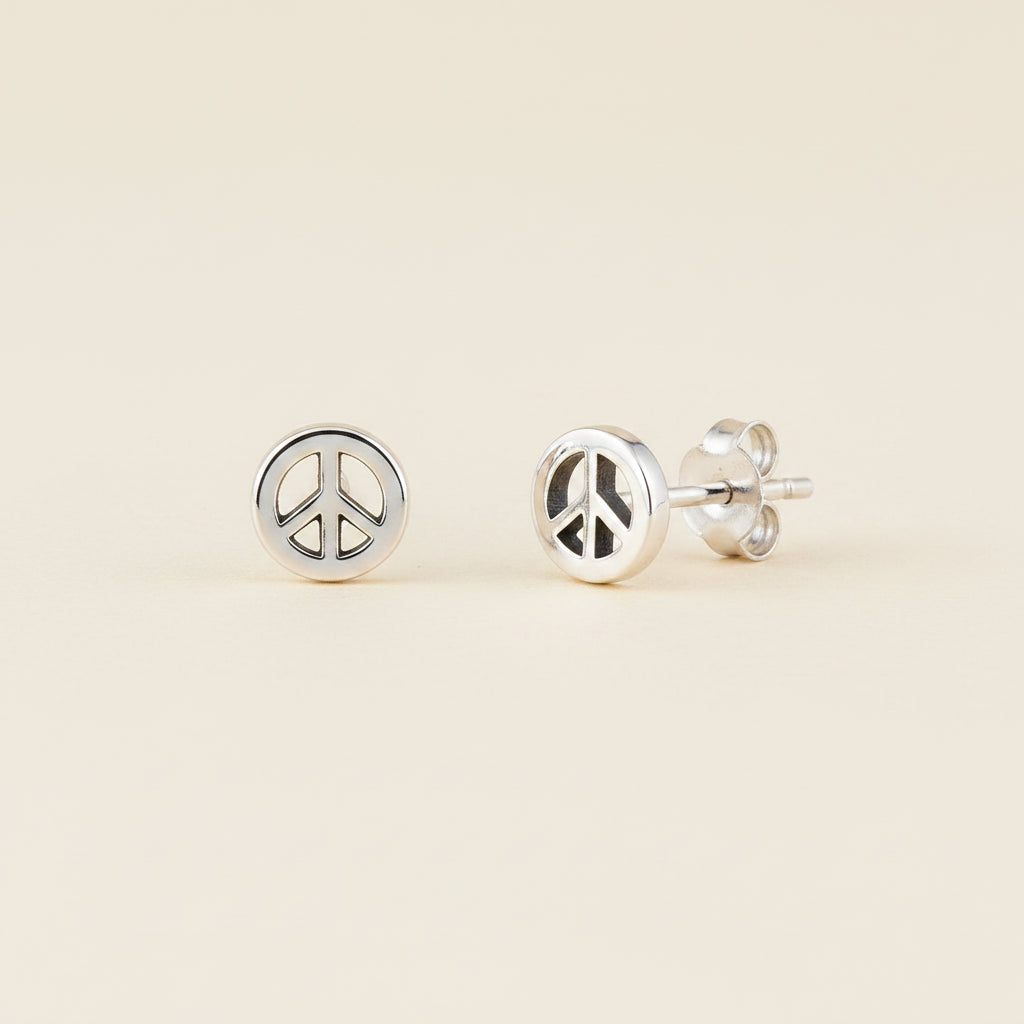 Silver peace sign stud earrings with round bezel and post backs