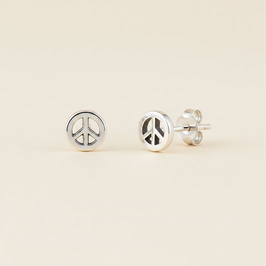 Silver peace sign stud earrings with round bezel and post backs