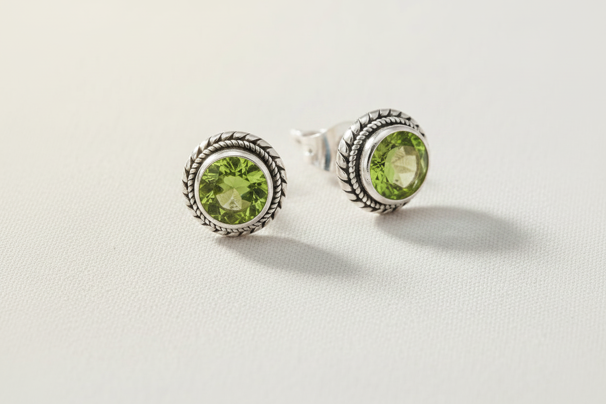 Silver gemstone stud earrings with rope-textured bezel and round peridot-green stones