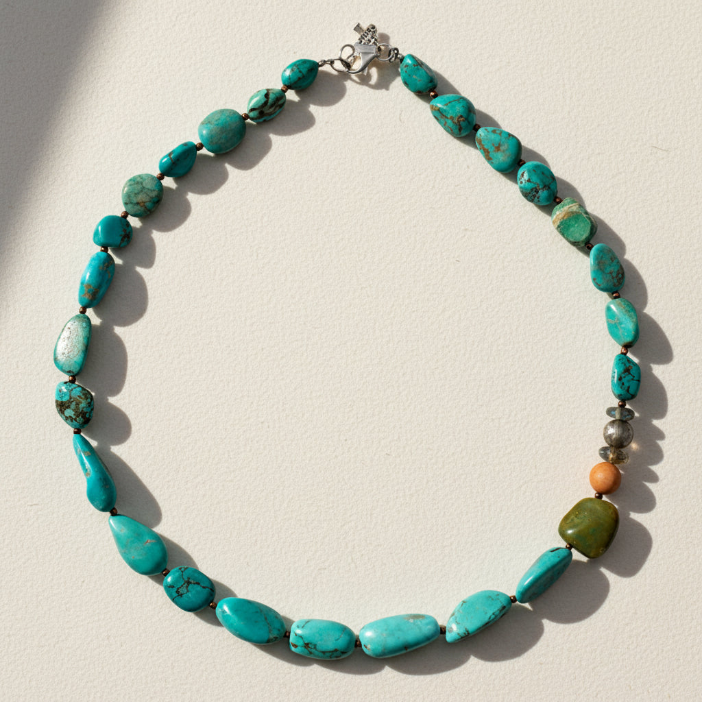Turquoise oval bead necklace with silver-tone clasp