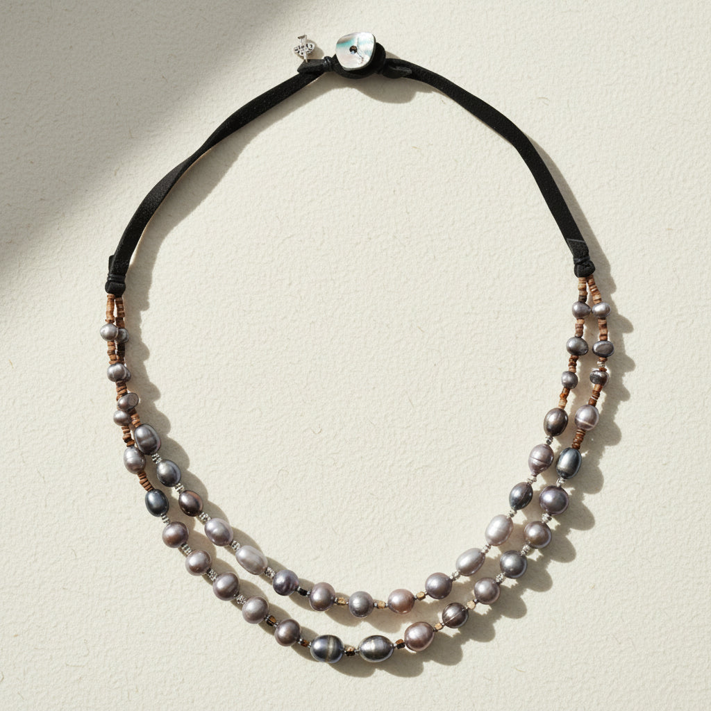 Double-strand pearl necklace with black cord on a white background