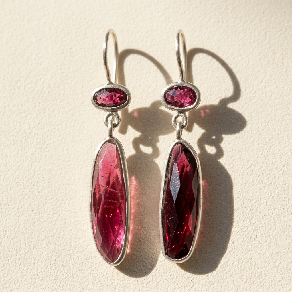 Silver-tone drop earrings with magenta faceted oval stones, small top and long dangle