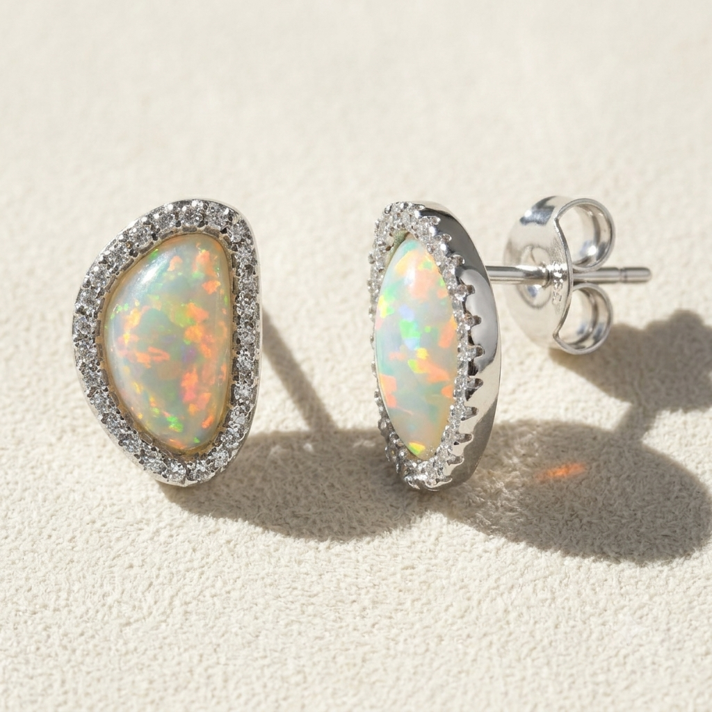 Oval opal halo stud earrings with glittering crystal border on silver posts