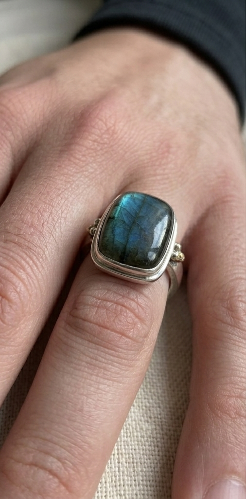 Labradorite ring worn on hand with blue rounded-square stone in silver setting